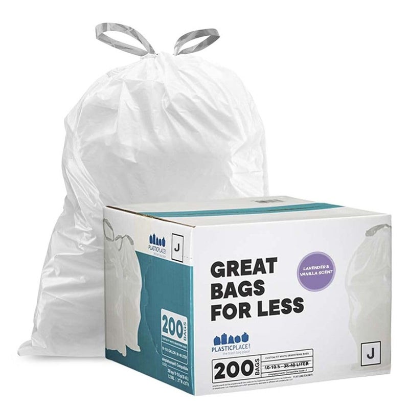 Plasticplace White Drawstring Lavender and Soft Vanilla Scented Garbage Can Liners, Compatible with Code J (200 Count) 10-10.5 Gallon / 38-40 Liter, 21"" x 28 "" - Image 1